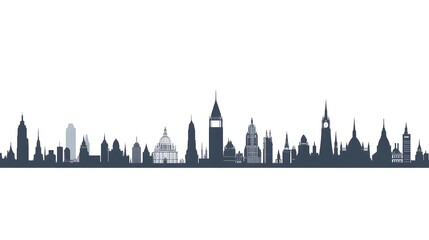 A stylized skyline image of many various buildings and structures