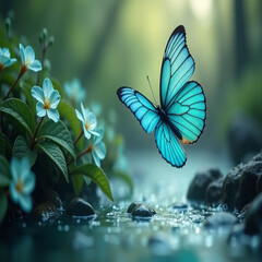 A turquoise butterfly flying near a stream and white flowers