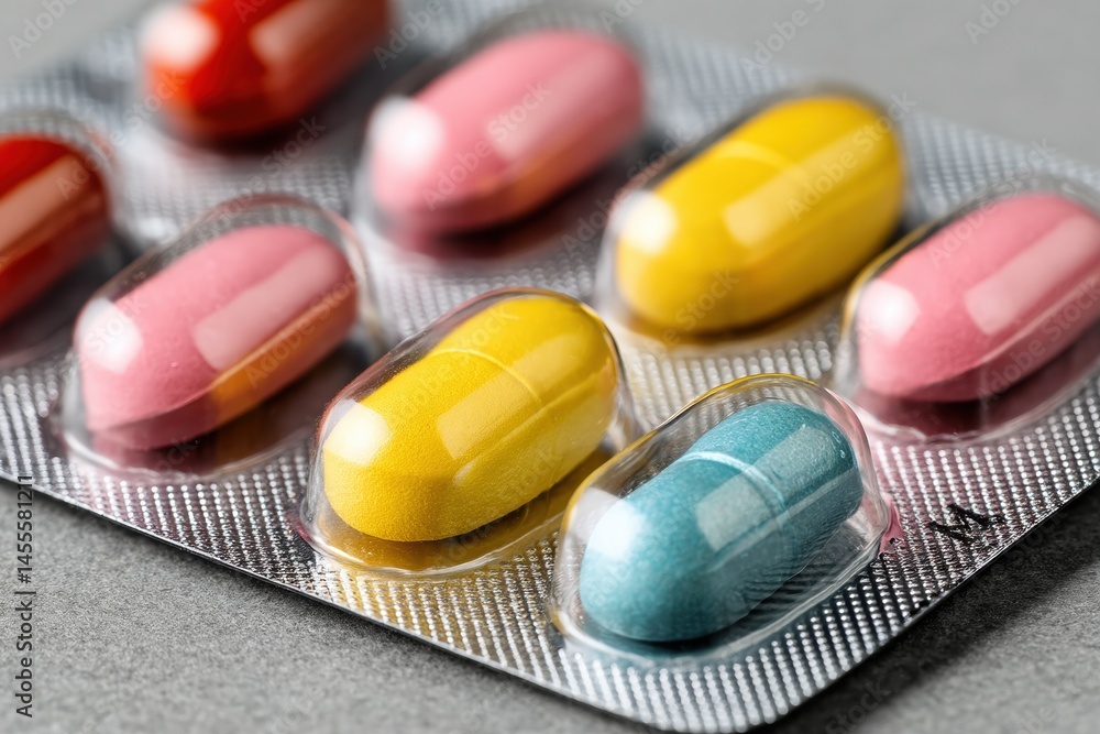 Poster close-up view of a minimal blister pack featuring vibrant and colorful pills arranged neatly for med