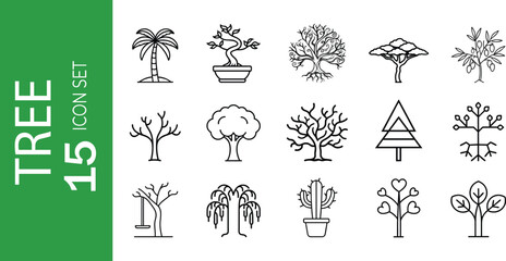 Minimal line icon set of 15 unique tree illustrations including palm, bonsai, cactus, and stylized designs, ideal for eco branding, nature apps, landscaping, and botanical visuals.