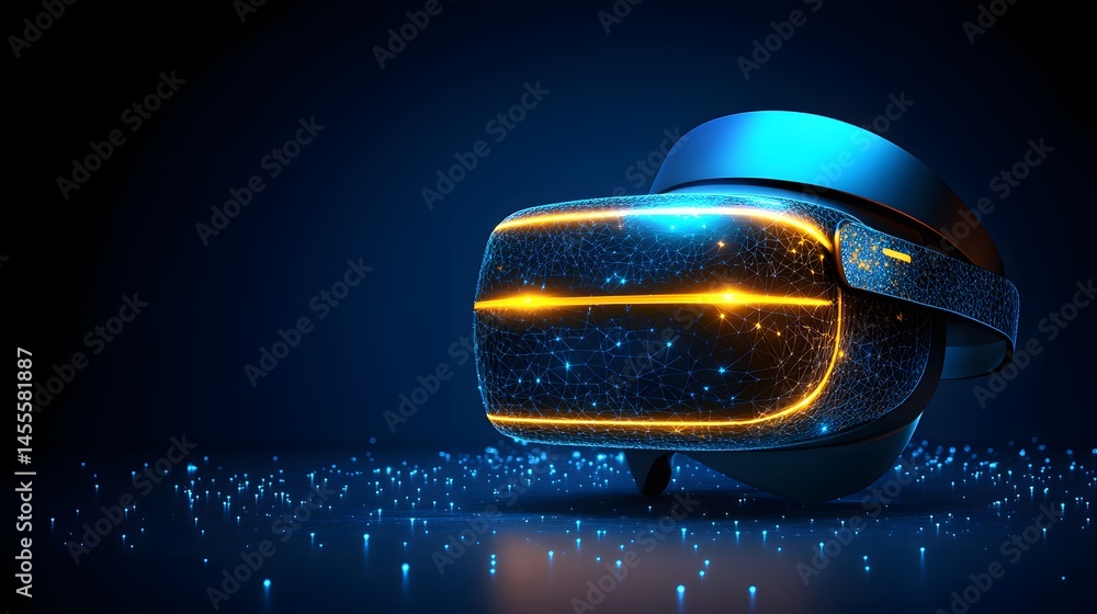Leinwandbilder futuristic vr headset with glowing blue digital mesh and orange stripe. high-tech design reflecting 