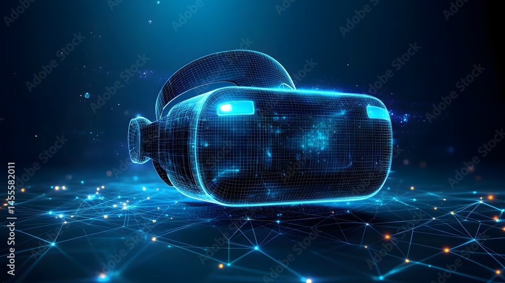 Poster vr headset wireframe bathed in blue and orange light, resting on interconnected network lines. futur