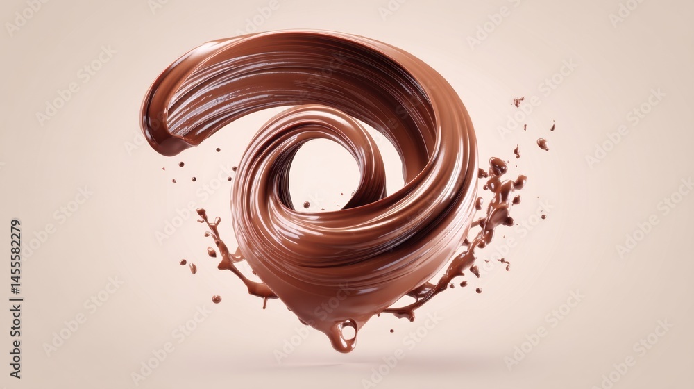 Poster chocolate swirl abstract design with splashes on a soft background for food and beverage concepts