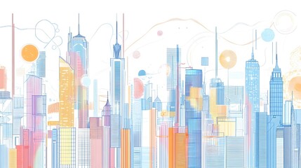 An abstract line drawing of a colorful city skyline