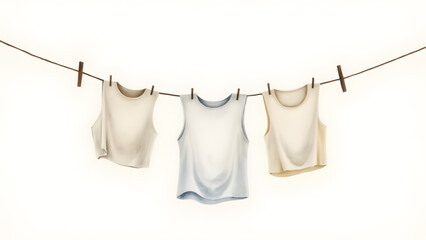 Clothesline watercolor, transparent white shirts, minimalist laundry scene, pale gray and ivory, soft focus, ethereal daily life.