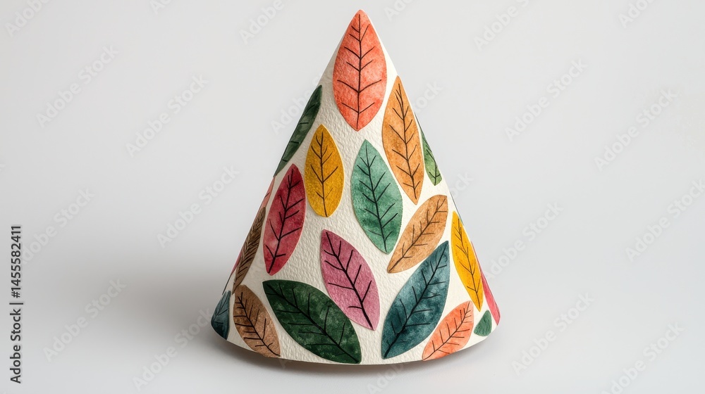 Poster colorful cone-shaped object with leaf patterns on white background