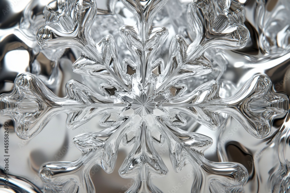 Poster macro shot of a beautiful transparent ice crystal snowflake with intricate details and reflections