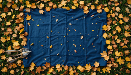 Blue Fabric on Grass with Autumn Leaf