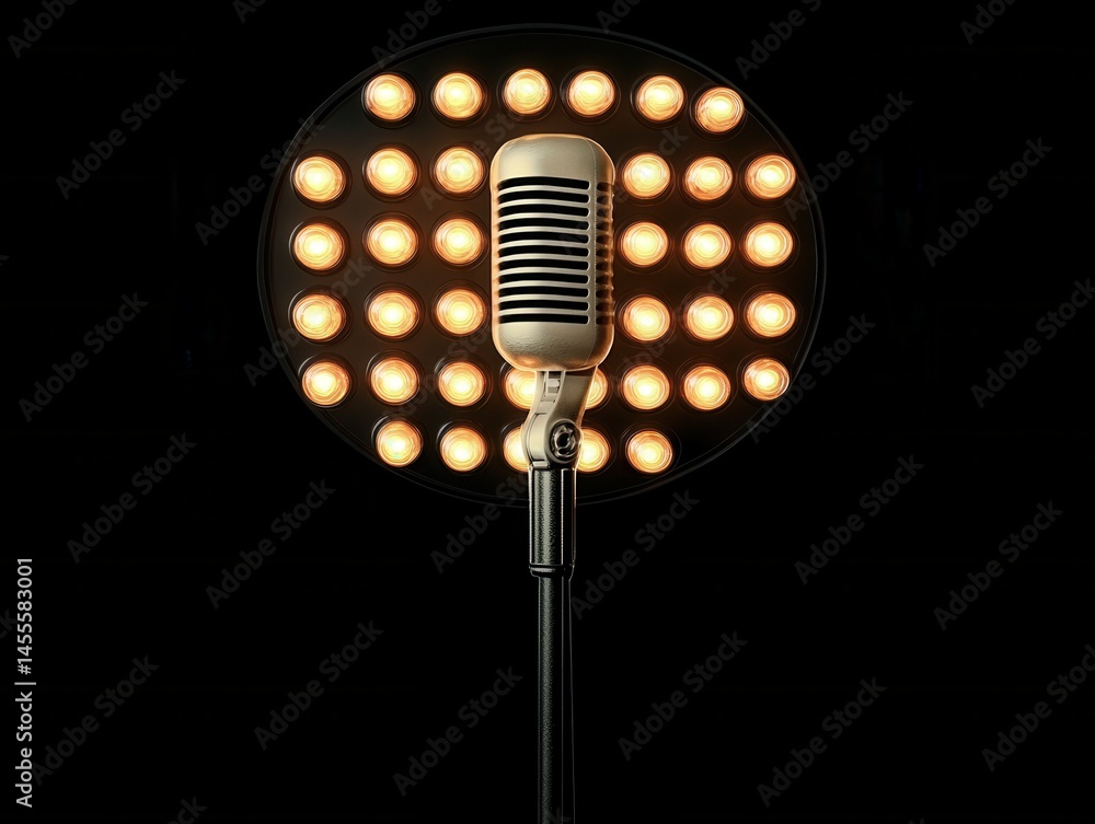 Poster classic microphone on stage with glowing lights for performance or recording studio use