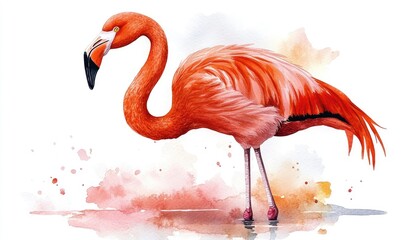 Watercolor flamingo, vibrant pink, detailed