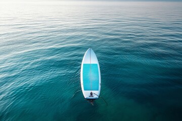 Solitary surfboard floating on calm blue ocean water with soft ripples and clear sky horizon, evoking a peaceful and tranquil seaside mood