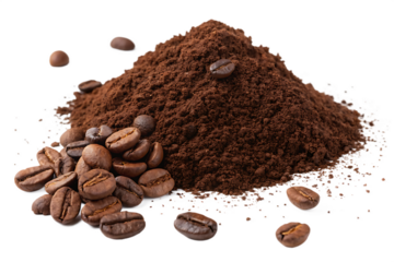 A pile of ground coffee with coffee beans scattered around on a black background close up view