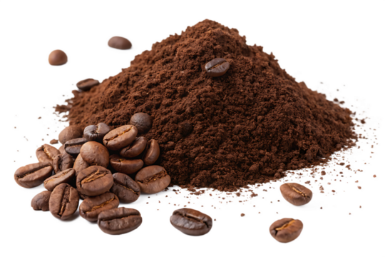 A pile of ground coffee with coffee beans scattered around on a black background close up view