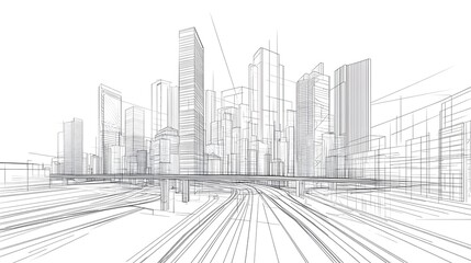 Perspective drawing of modern city buildings and highway infrastructure