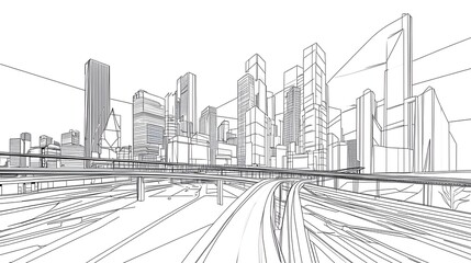 Abstract architectural drawing illustrating a modern urban cityscape with roadways
