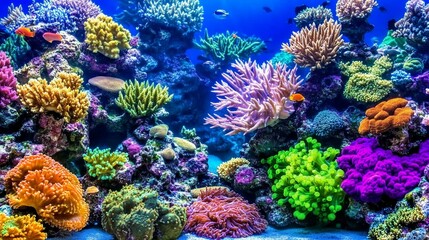 Obraz premium Vibrant coral reef teeming with colorful fish. A stunning underwater world of diverse marine life