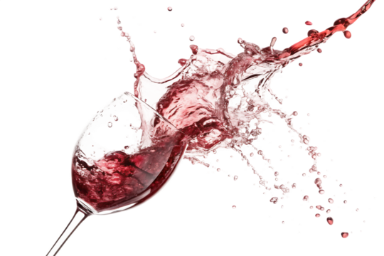 Close up of a wine glass with red wine splashing out against a black background in a dynamic motion shot - Powered by Adobe