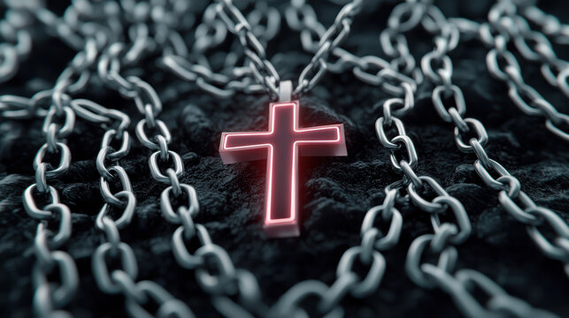A glowing neon cross pendant lies on a dark surface, surrounded by heavy metallic chains