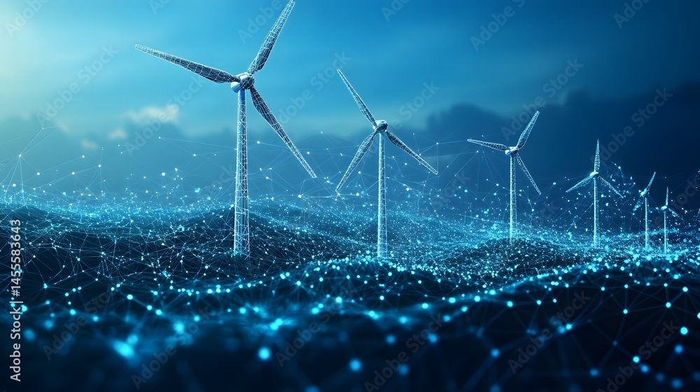 Poster Futuristic wind farm concept showcasing interconnected wind turbines through a digital network. Symbolizing renewable energy technology and innovation. Abstract Digital low-poly wireframe connected
