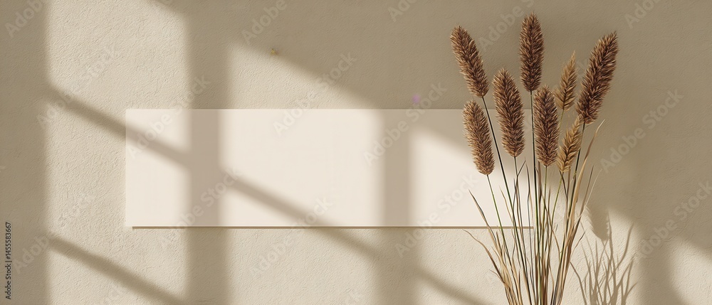 Poster blank canvas on textured wall with pampas grass and window shadow for mockup display