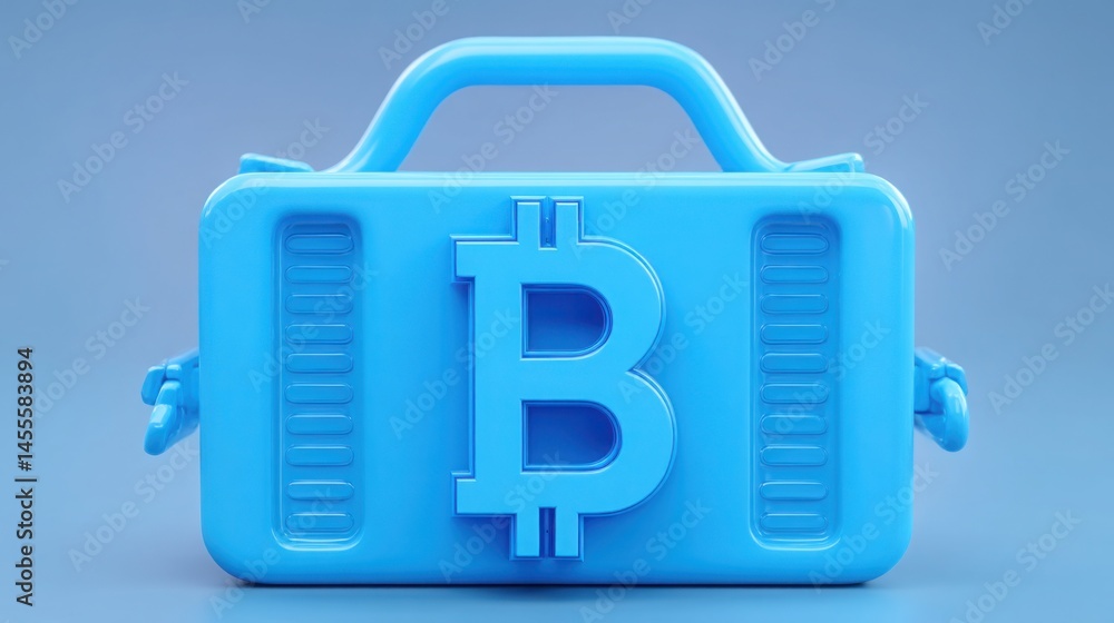Poster blue briefcase adorned with a bitcoin symbolizing a practical crypto wallet for managing digital ass