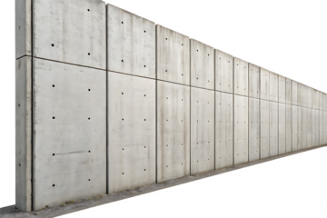 A long concrete wall with square panels and small holes stretching into the distance on a dark day