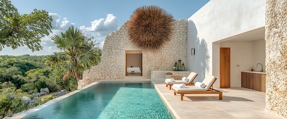 Luxurious villa with infinity pool, lounge chairs, massage table, and lush greenery