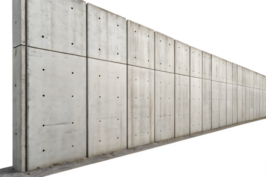A long concrete wall with square panels and small holes stretching into the distance on a dark day
