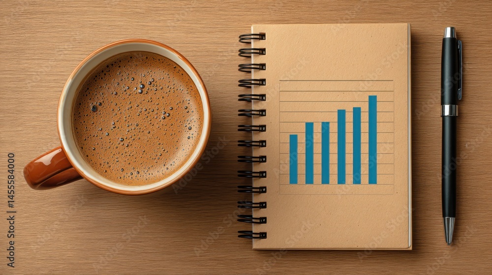 Poster a cup of coffee and notebook on table representing daily trading journal template for investment tra