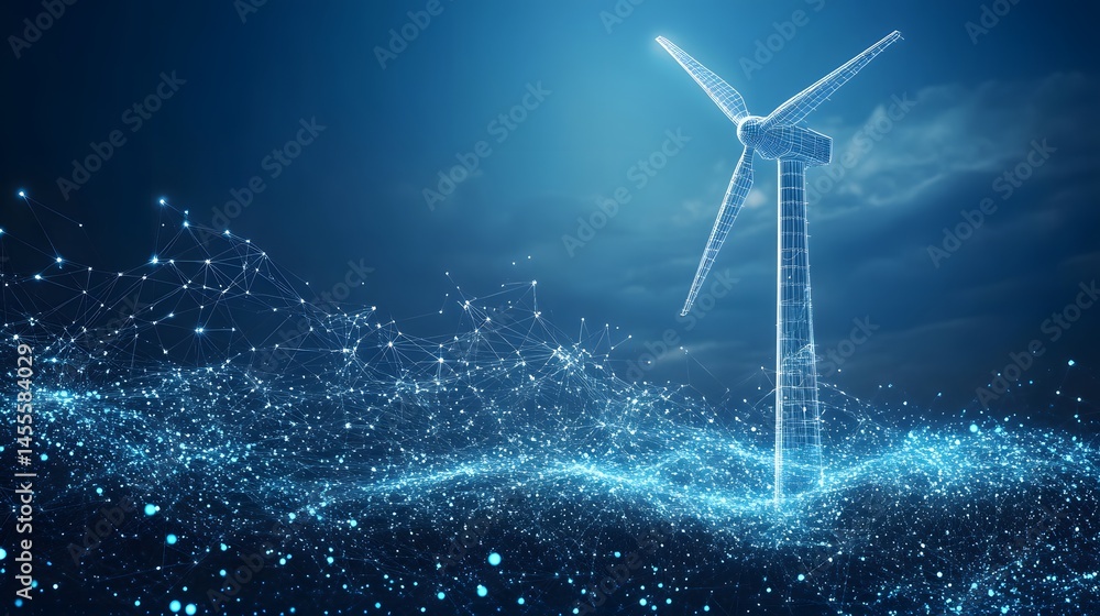 Leinwandbilder Futuristic wind turbine wireframe glows against a dark blue sky. A network of interconnected points creates a digital aesthetic. Abstract Digital low-poly wireframe connected dots in dark blue.