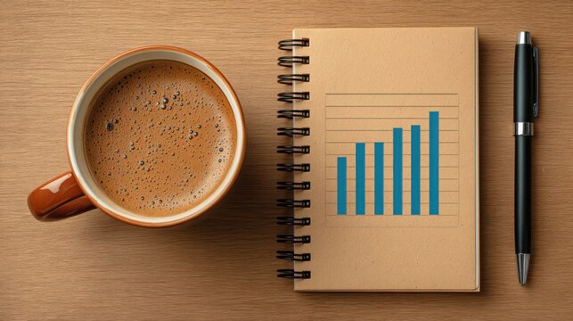 A cup of coffee and notebook on table representing daily trading journal template for investment tracking and analysis