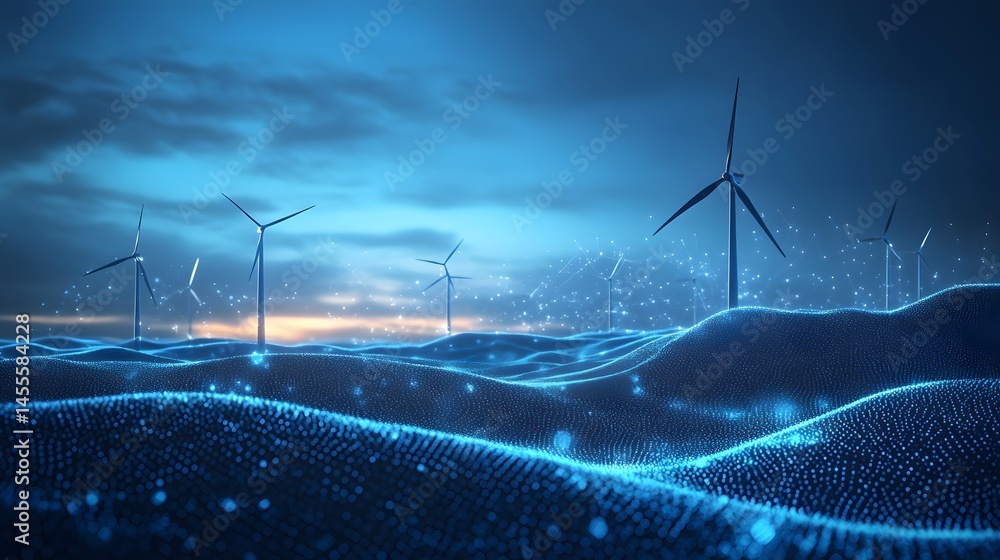 Poster futuristic wind farm at sunset. glowing blue network connects turbines, creating a technological and