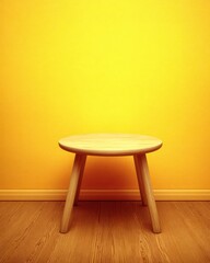 Minimalist wooden stool against a vibrant yellow wall creating a bright and modern interior scene