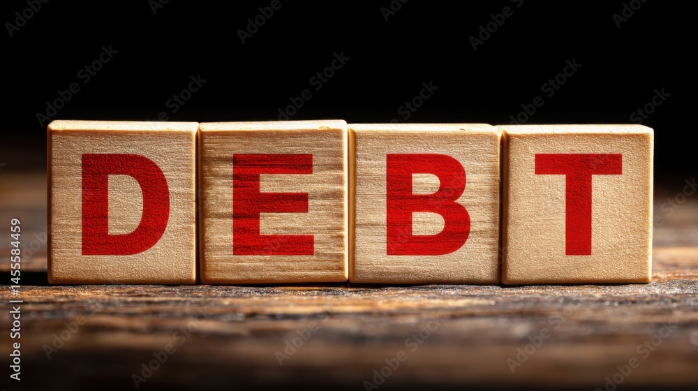 Poster a block featuring the word debt symbolizing financial management and the concept of tracking and red