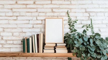 Empty picture frame on a wooden shelf beside books and lush green plants against a white brick wall background.