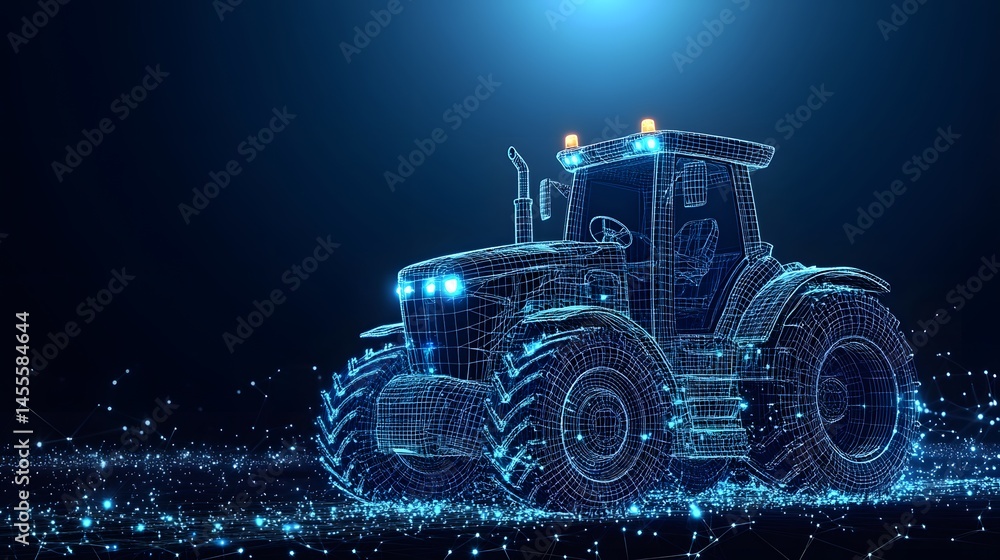 Poster futuristic tractor, its wireframe gleaming in blue. headlights shine bright against the dark backdro