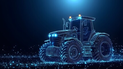 Futuristic tractor, its wireframe gleaming in blue. Headlights shine bright against the dark backdrop, evoking a sense of technological advancement. Abstract Digital low-poly wireframe connected