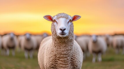 Fototapeta premium Sheep Standing in Field During Sunset With Blurred Flock Background