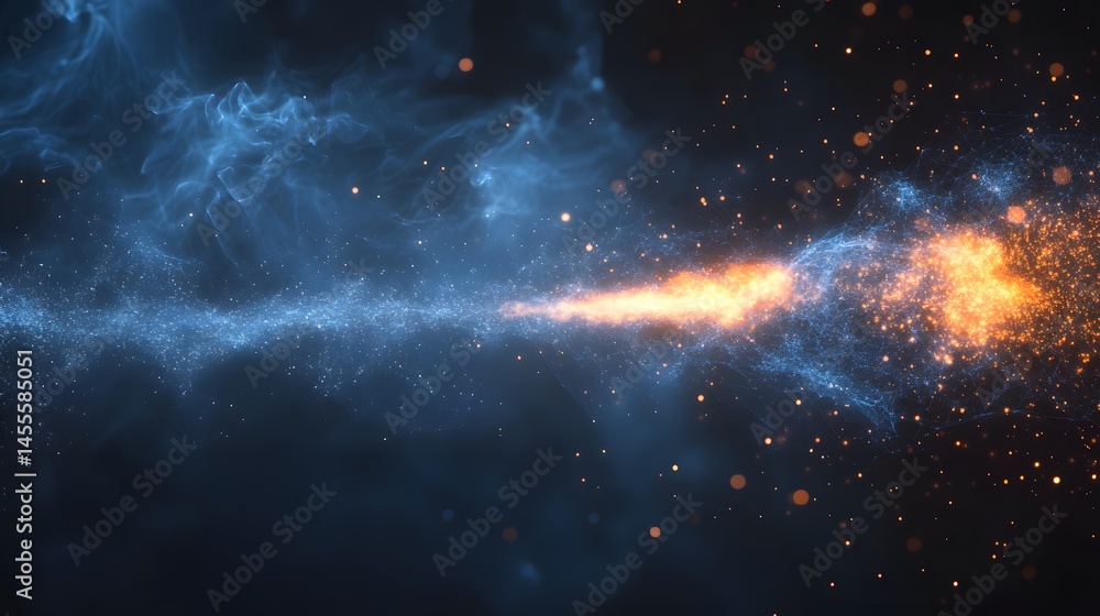 Poster Ethereal abstract art. Blue to orange light transition on dark background. Bokeh lights add depth. Duality and transformation themes. Abstract Digital low-poly wireframe connected dots in dark blue