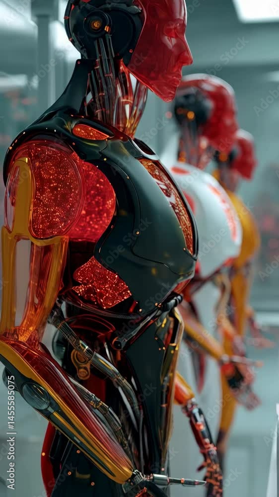 Poster line of humanoid robots stand ready in a futuristic laboratory setting, demonstrating advanced artif