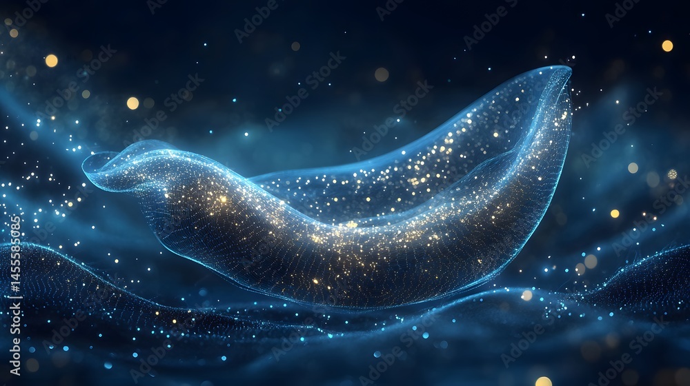 Poster dynamic blue and golden light points weave together, forming a semi-transparent, wave-like structure