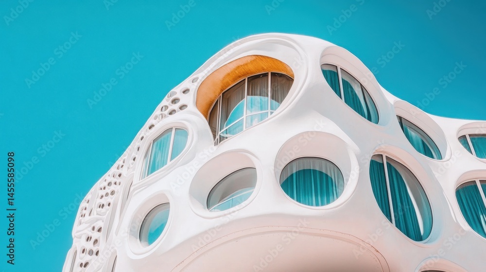 Poster modern architecture with unique windows and a clear blue sky backdrop in the daytime