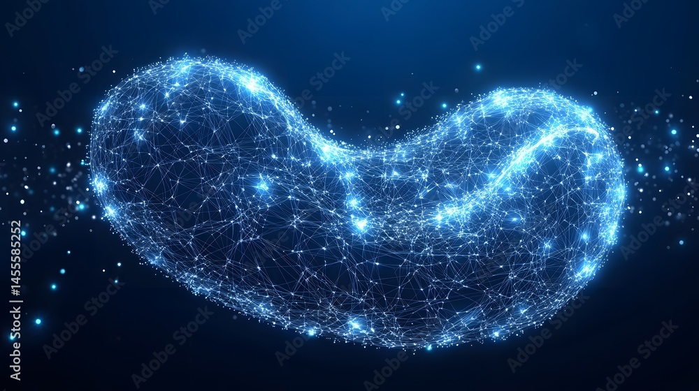 Poster futuristic, glowing network resembles interconnected spheres. blue nodes and lines create a captivat