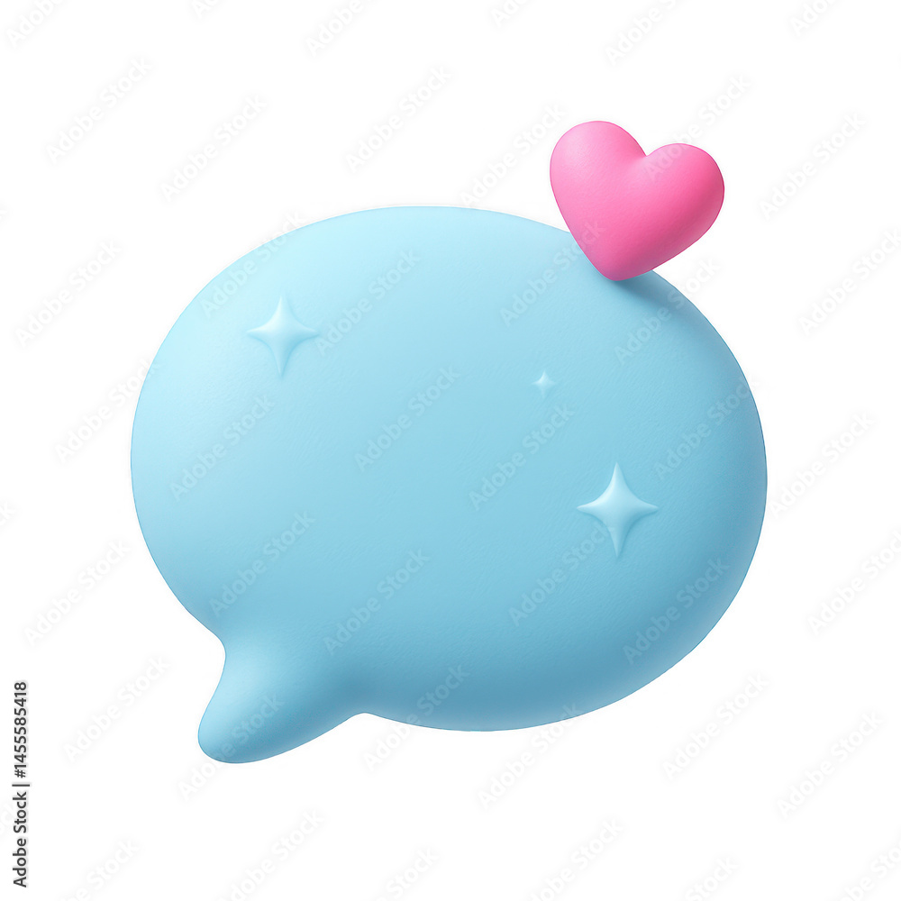 Poster a charming three-dimensional dialogue bubble adorned with a bright pink heart and subtle surface sta
