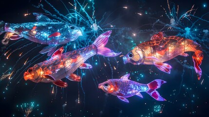 Fototapeta premium Fish-shaped Fireworks: Playful fish-shaped fireworks swimming in the night sky, symbolizing prosperity and abundance. 