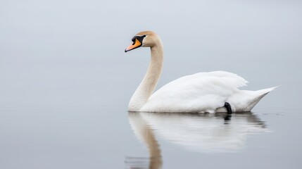 Naklejka premium Elegant Swan Gliding on Calm Water Surface in Soft Morning Light