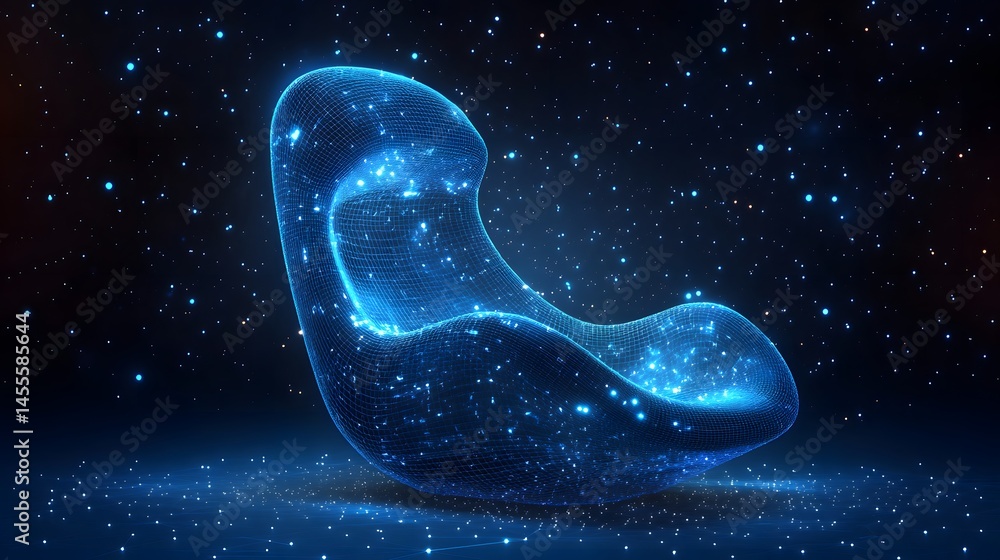 Poster Futuristic wireframe chair glows in a digital cosmos. A unique blend of furniture and technology for a modern aesthetic. Abstract Digital low-poly wireframe connected dots in dark blue