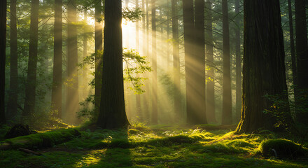Obraz premium Magical sunbeams pierce ancient Redwood forest a breathtaking ethereal scene