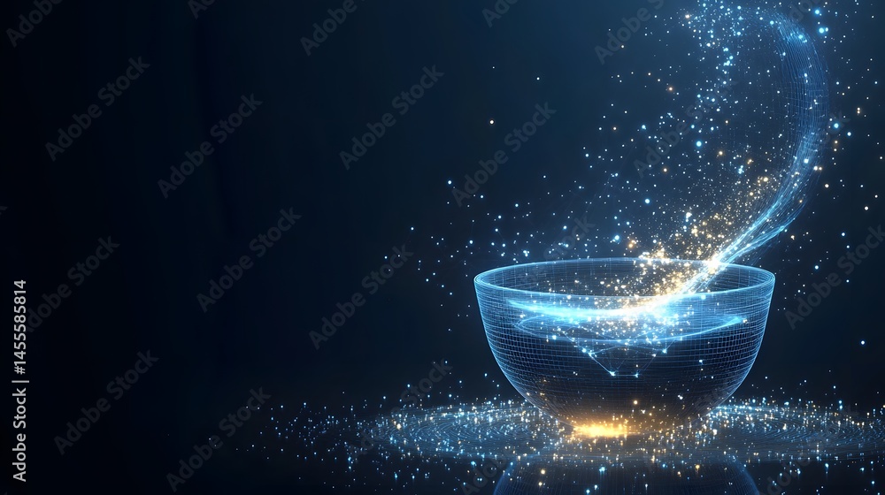 Poster a glowing bowl emits particles, a digital spectacle of energy. modern tech vibe with gold and blue l