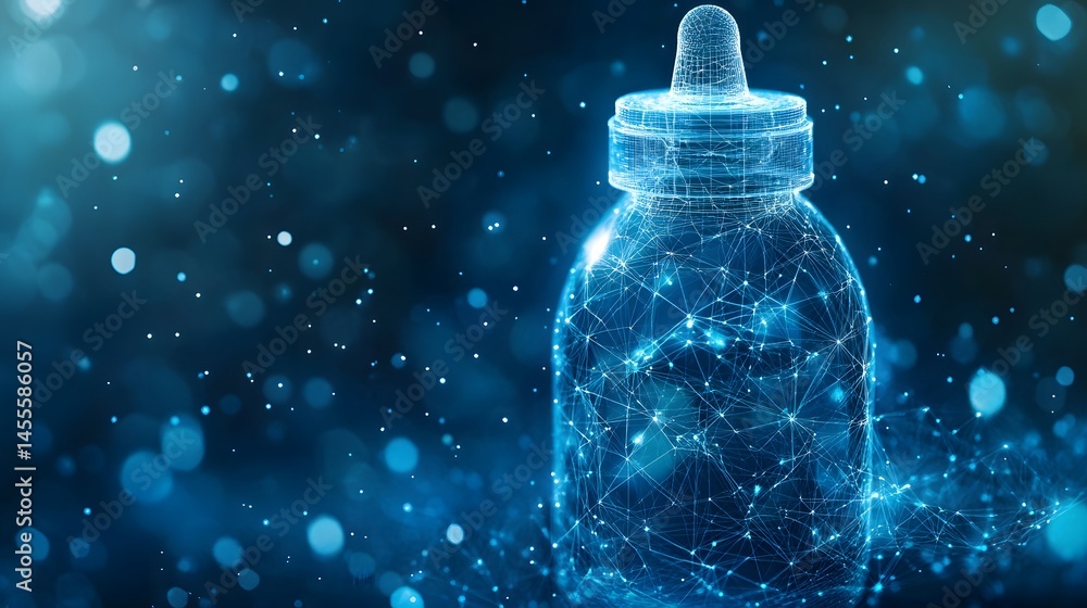 Aufkleber Modern digital dropper bottle composed of blue lines and dots against a bokeh background, evoking innovation and science. Abstract Digital low-poly wireframe connected dots in dark blue